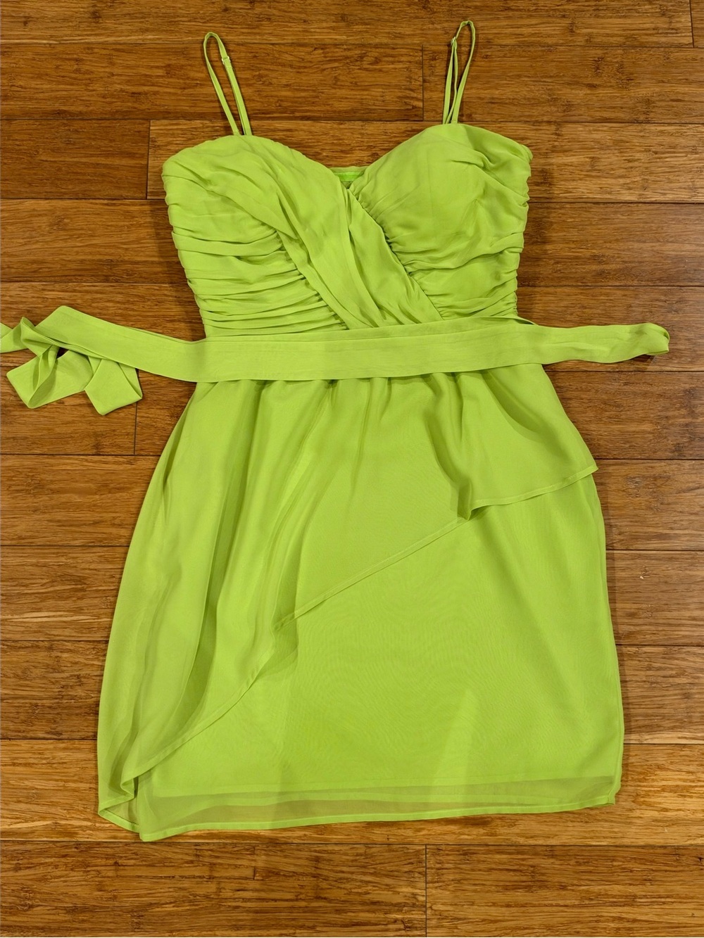 Guess Lime Green Ruched Spaghetti Strap Mini Dress